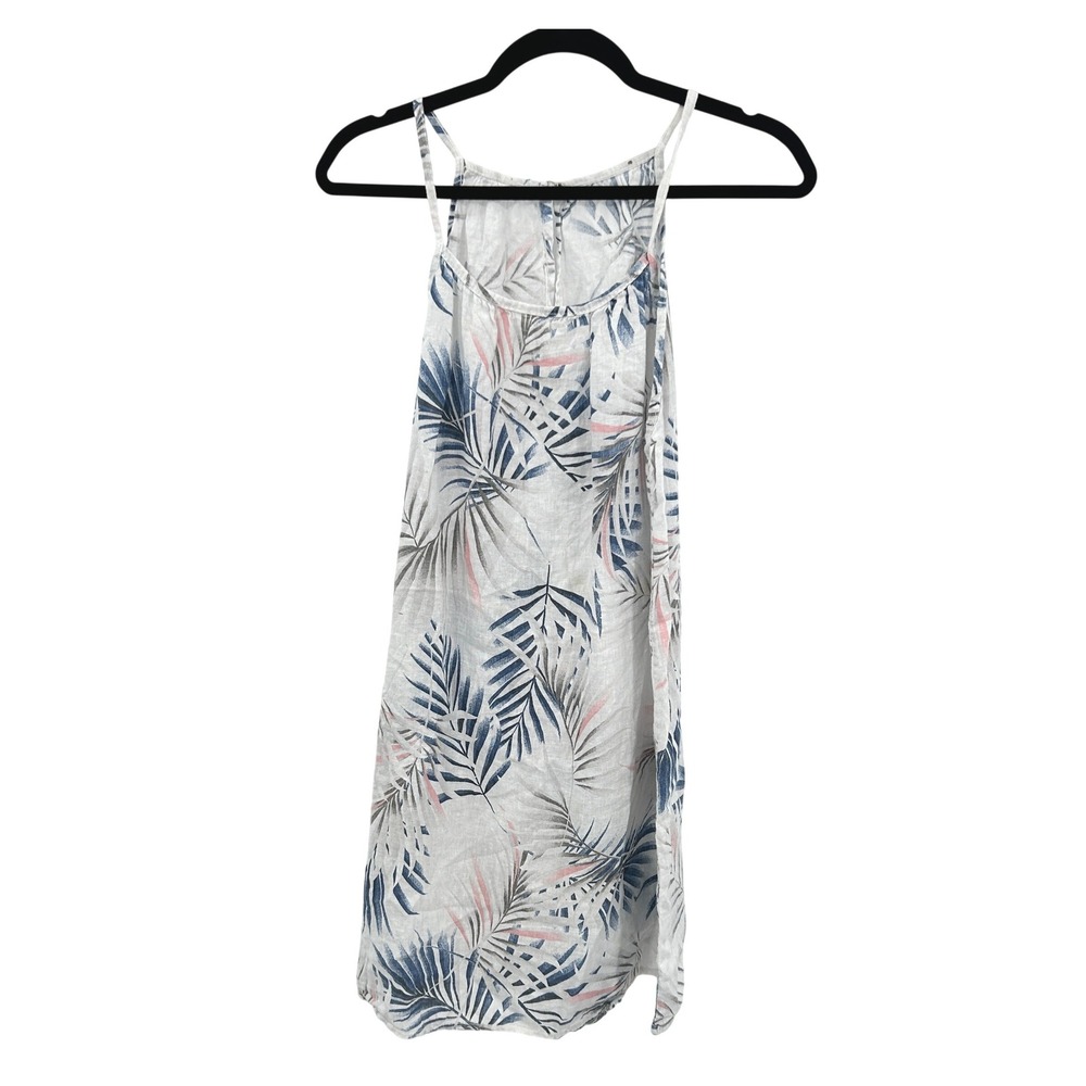 White Linen Tropical Palm‎ Sundress Large Coastal Vacation Boho Pockets Euro